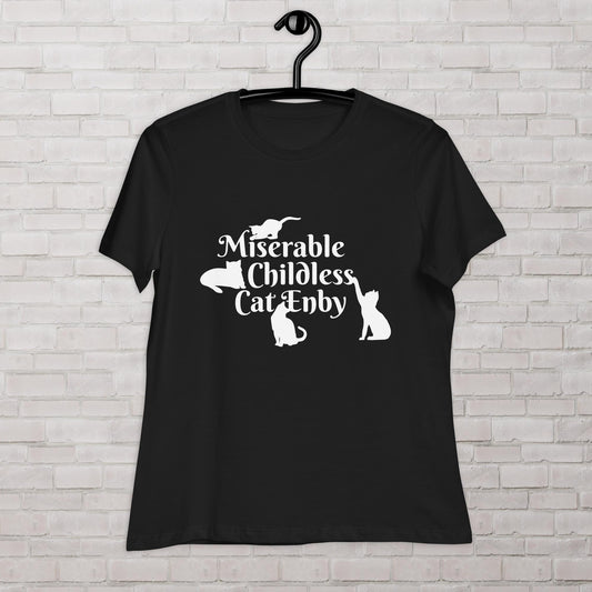Miserable Childless Cat Enby Non-Binary Democrat Liberal Childfree Femme Fit Relaxed T-Shirt Plus Sizes Available